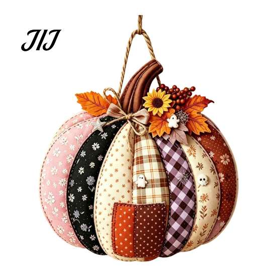 Seasonal Indoor Outdoor Sign Patchwork Pumpkin Wooden Door Hanger, Fall Harvest Halloween Decorative Maple Leaf Wreath with Leaves Berries, Farmhouse