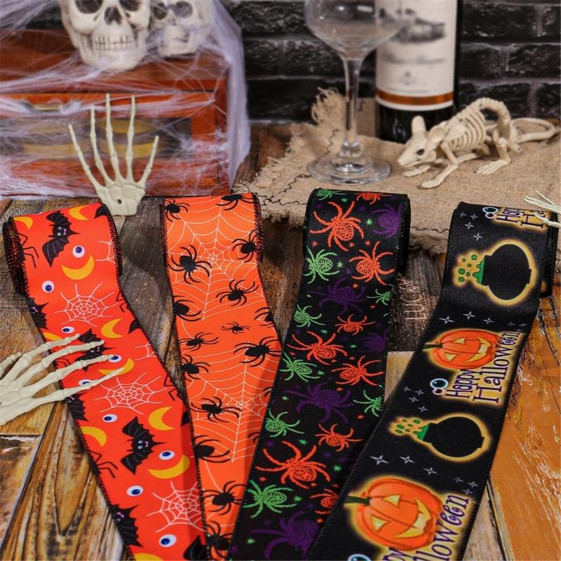 Halloween Theme Wide Ribbon for Halloween Celebration Decors 2.5inch Wire Edged Wide Ribbon 5 Yard for Festival Decors