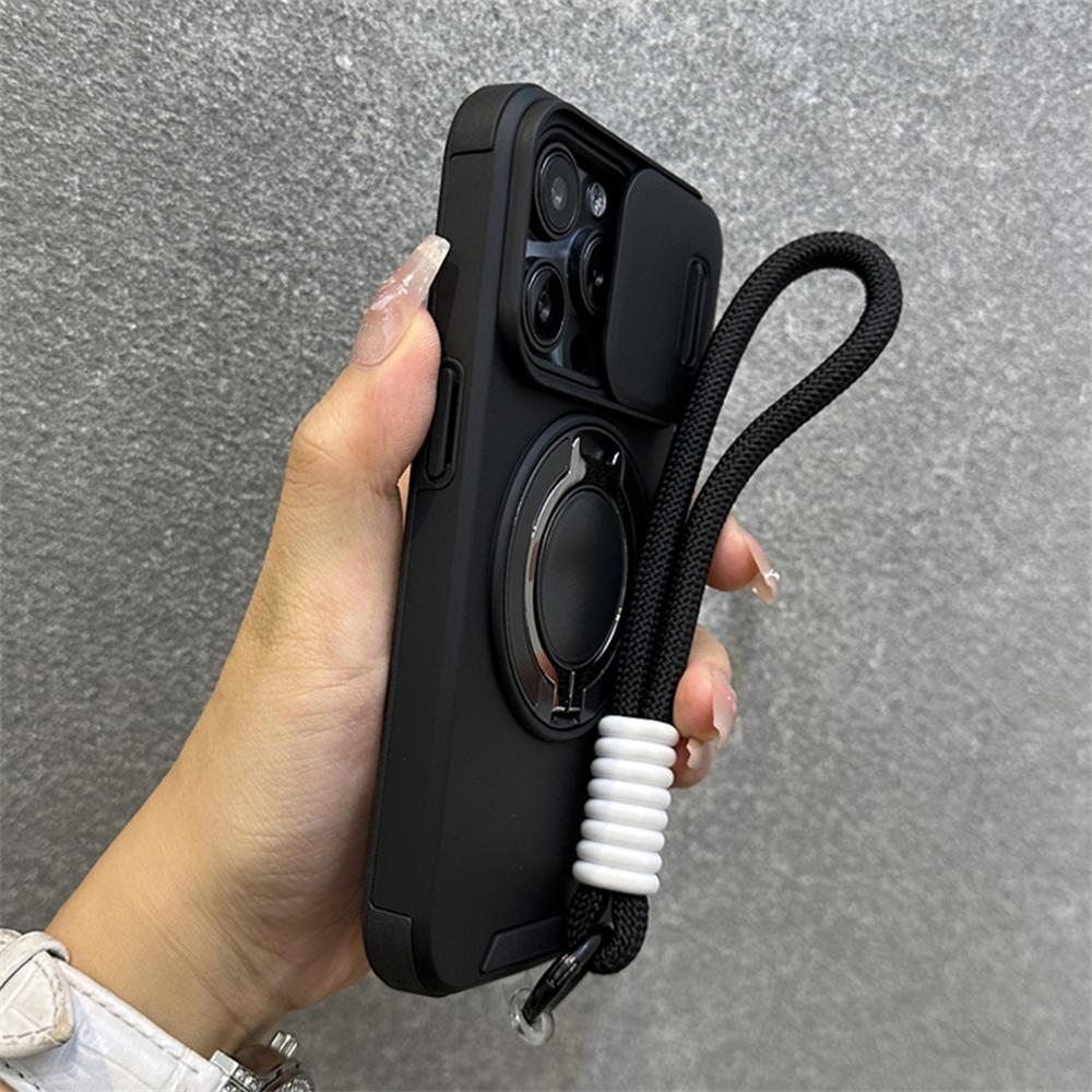Armor Ring Stand Holder Slide Window Magnetic with Wrist Strap Phone Case for iPhone 16 15 Pro Max 13 12 11 14 Plus Bumper Cover