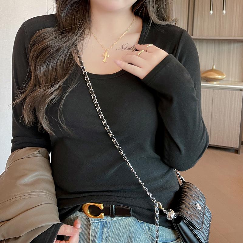 

Кокосовый бархат немецкий бархат осенне-зимняя нижняя рубашка для женщин с U-образным круглым вырезом, футболка с длинными рукавами, верхняя одежда, облегающий топ 3XL