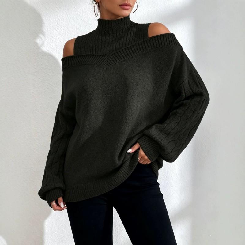 Womens Off-Shoulder Loose Knit Sweater Half Turtleneck Lantern Sleeve Fall Winter 2026