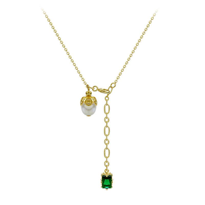 Simple Emerald Pearl Pendant Necklace Elegant White Collarbone Chain French Fashion Necklace