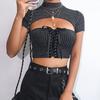 Women Casual Short Sleeve Glitter T Shirt Women Bandage Elegant T-shirt Ladies Hollow Out Sexy Crop