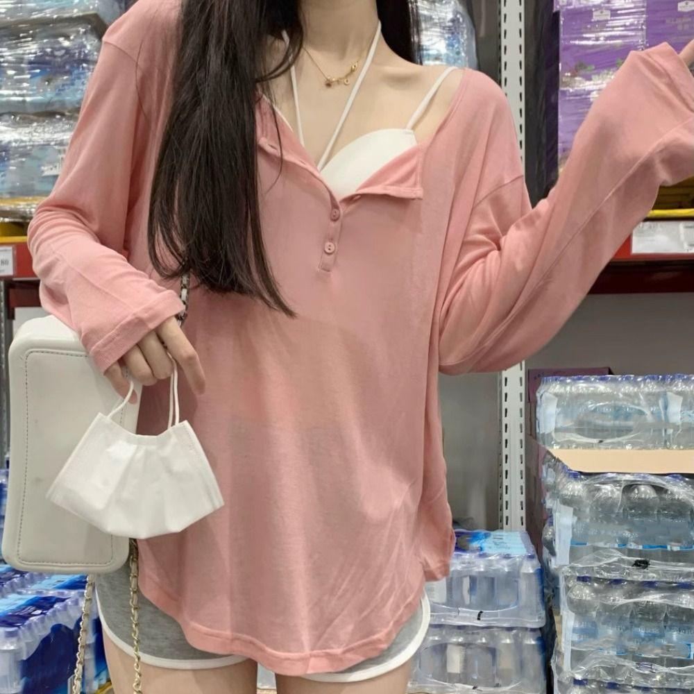 

Loose Button Pullover See Through Cover Up Tops Fashion Y2k Long Sleeve T-shirt Female M серый