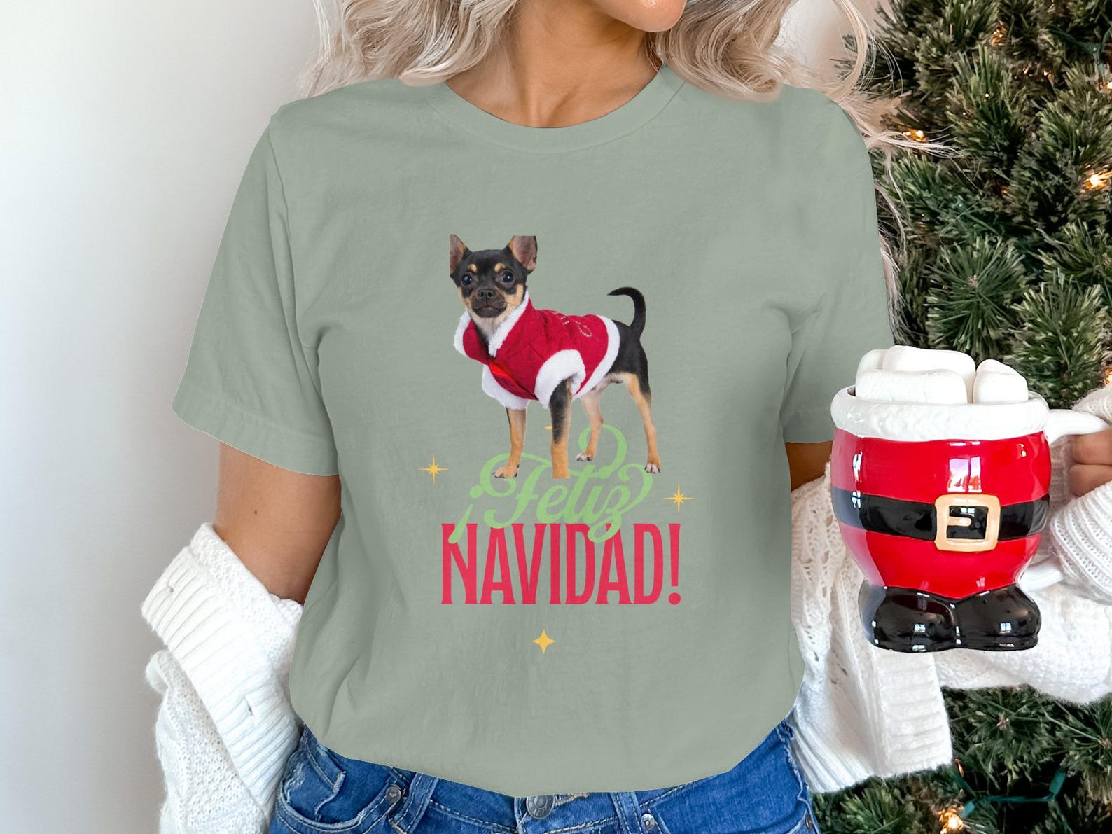 Feliz Navidad Chihuahua T-Shirt, Christmas Dog Tee, Spanish Holiday Pet Lover Shirt 2XL