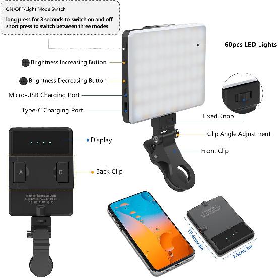 Selfie Light, Phone Light with Front & Back Clip, 60 LED Portable Light with 3 Modes, 5000mAh Rechargeable Video Light for Phone, iPhone, IPad,