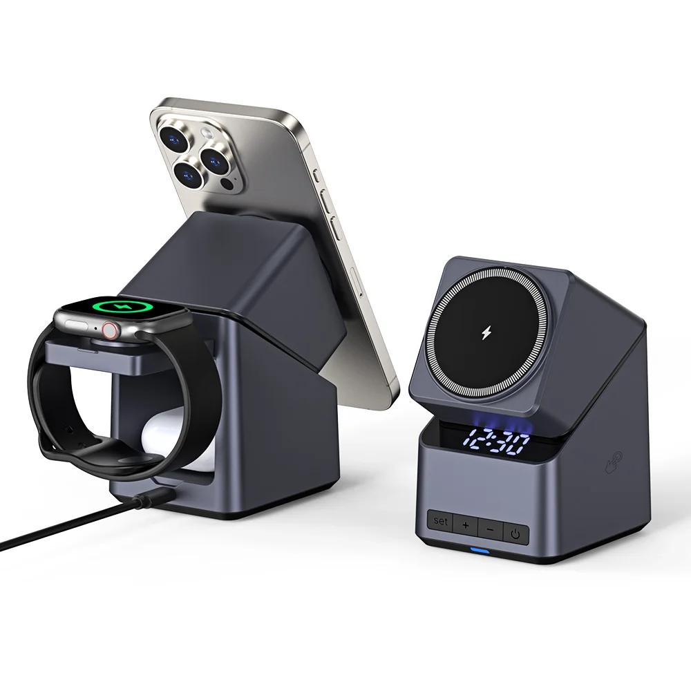 

Настольные часы Магнитная беспроводная зарядка 4-в-1 Док-станция для быстрой зарядки для iPhone 16 15 14 13 12 Apple Watch 10/9/8/7/6/5 AirPods Pro чёрный