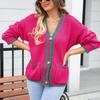 2023 Women's Casual Sweater Large Size Color Matching Pocket Coat V-neck Loose Sweater