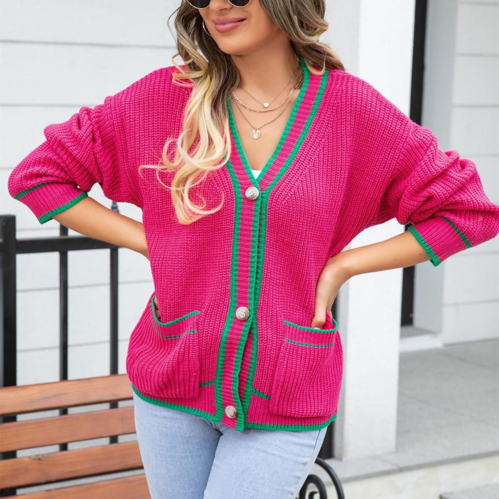 2023 Women's Casual Sweater Large Size Color Matching Pocket Coat V-neck Loose Sweater