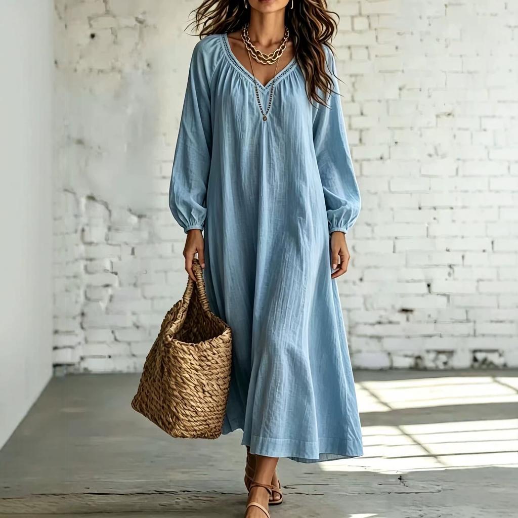 Summer new lace V-neck cotton and linen dress for women, loose long-sleeved vacation style solid color medium and long skirt