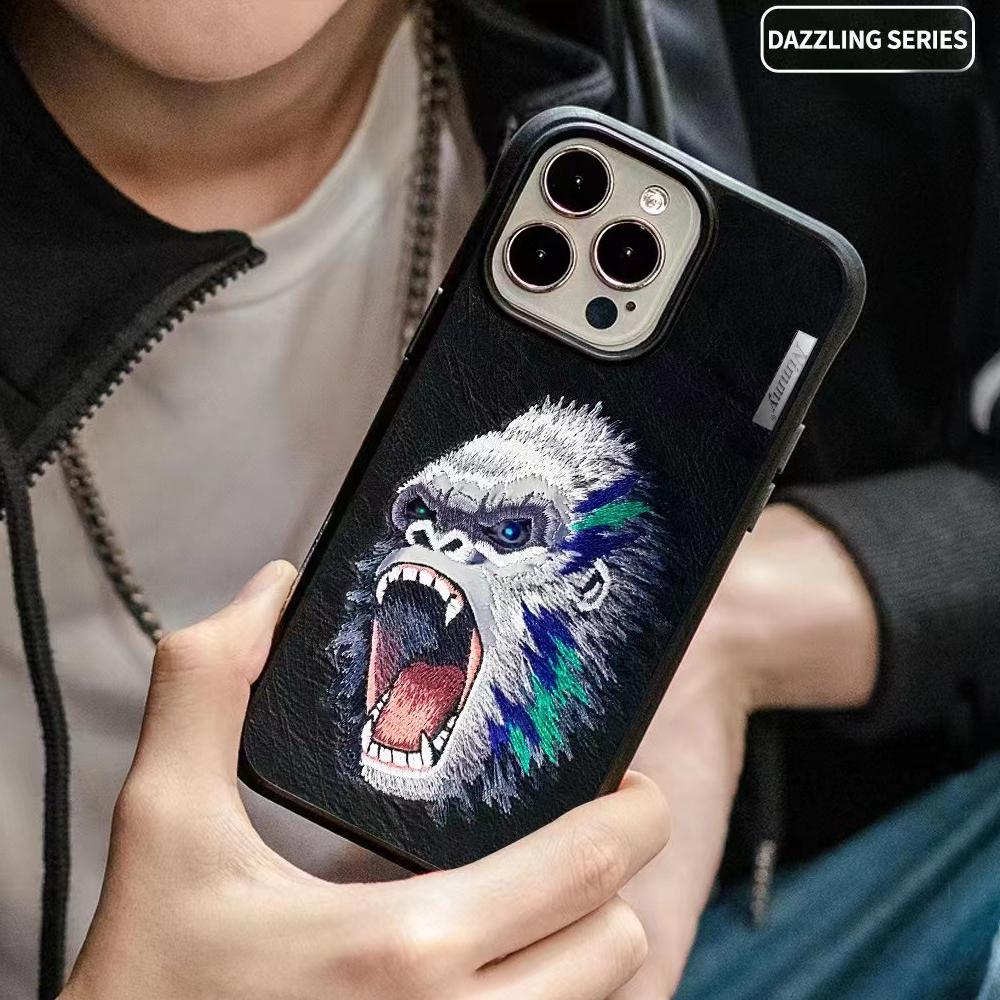 3D Embroidered Cute Wolf Tiger eagle lionr Leather Phone Case For iPhone 15 Pro Max Case Protective Cover For iPhone 15 Pro Case