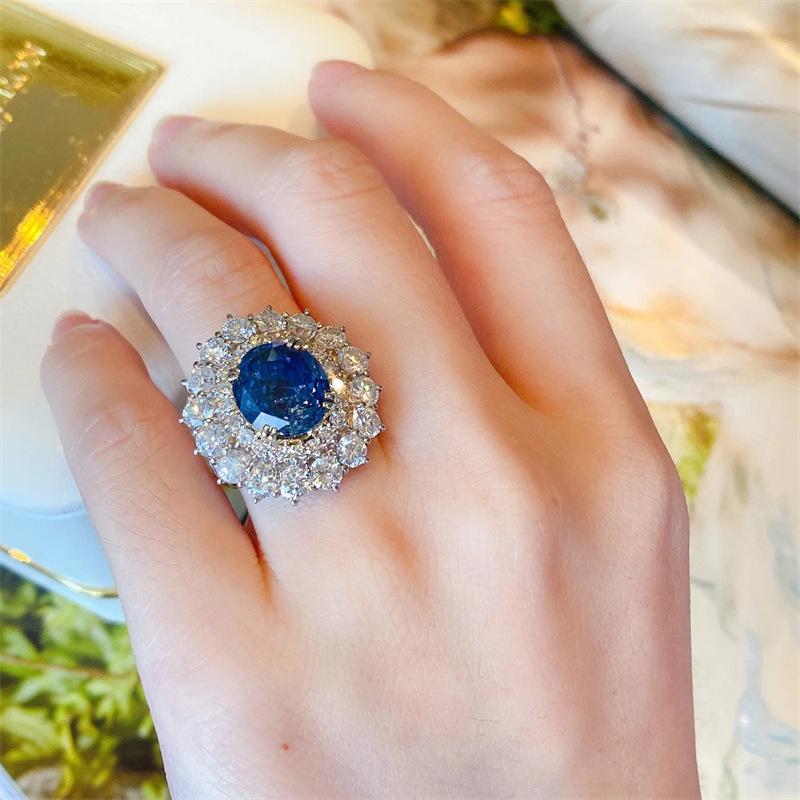 Elegant Sapphire Adjustable Gemstone Ring for Women - Full Diamond Inlaid, Douyin Style Adjustable Open Size
