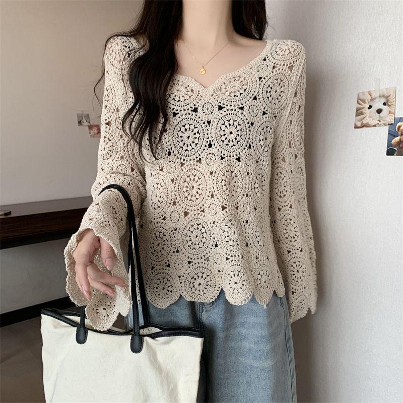 

Одежда K-стиля больших размеров для полных женщин, модная одежда для пухлых девушек, трикотаж с V-образным вырезом и ажурной вязкой, длинные рукава, кружевная рубашка, топ для защиты от солнца M-4XL Apricot(Figure) 4XL(Large size)