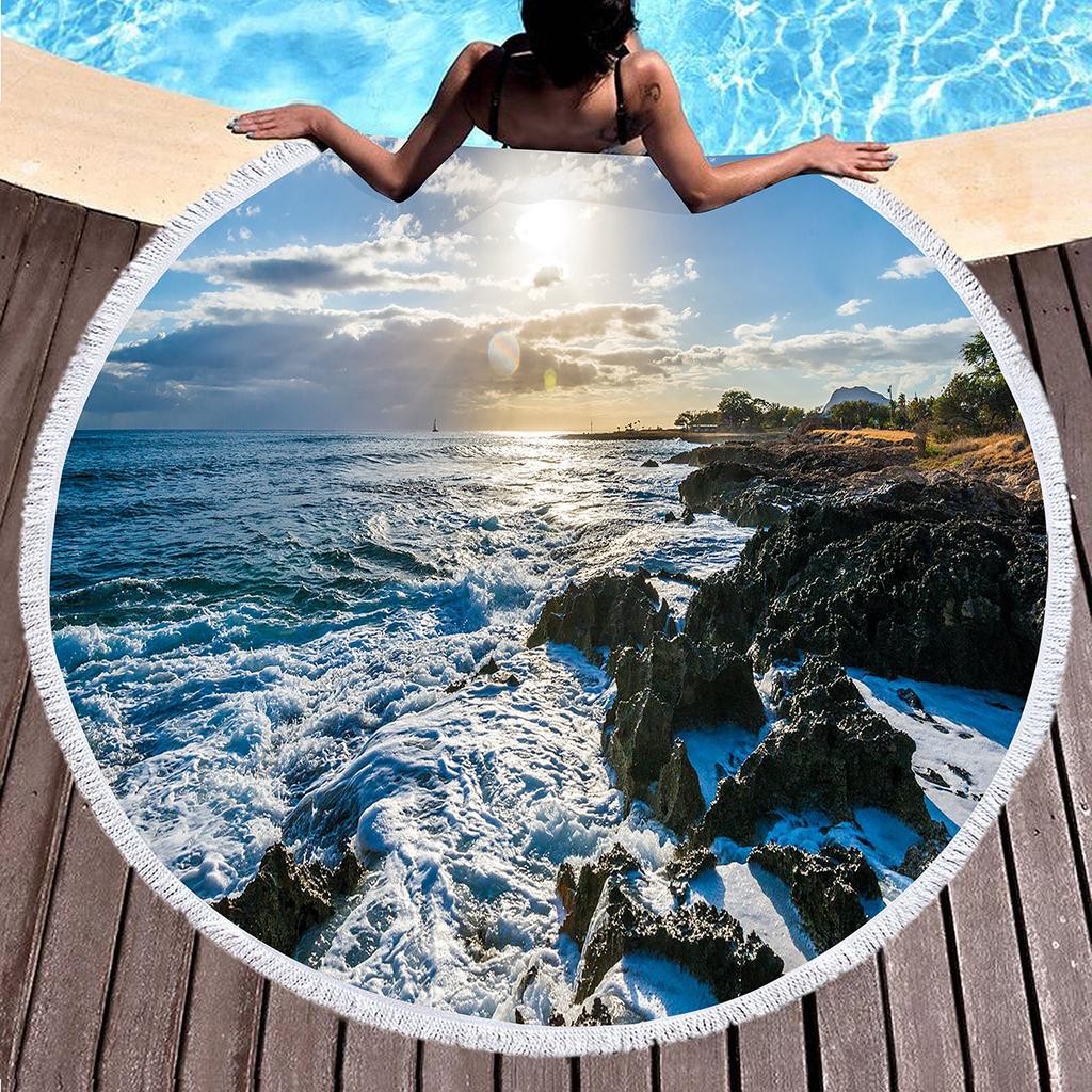 Natural Scenery Sea Rock Round Beach Towel, Ocean Theme Beach Blanket,Soft Absorbent Quick Dry Pool Towel Portable Picnic Mat