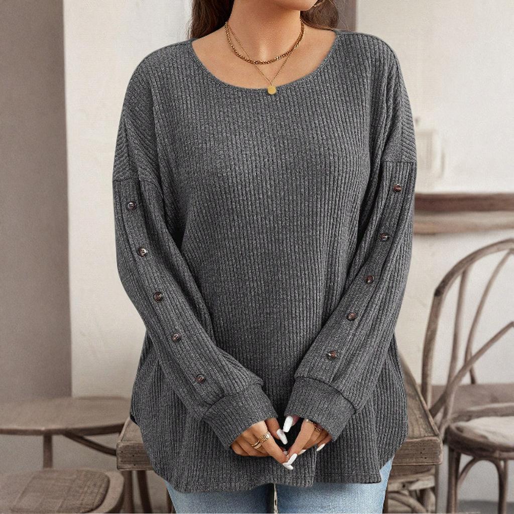 Women's Fashionable Loose,fitting  Sleeve Round Neck Buttoned Cuff Pullover Top