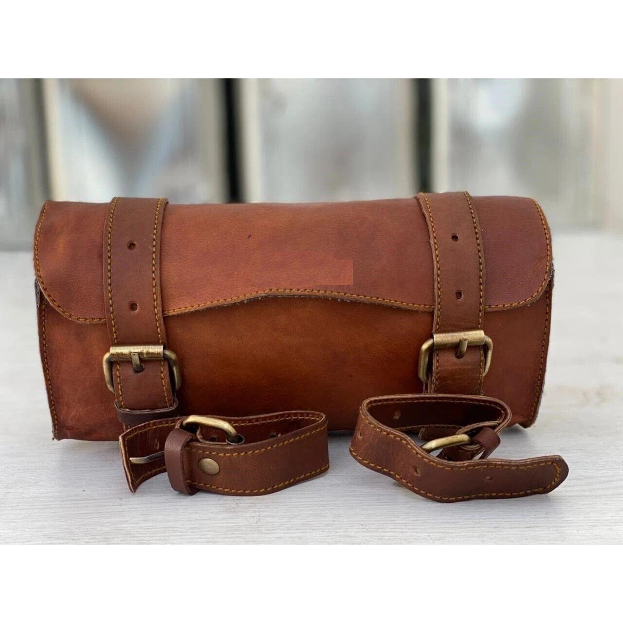 

Motorcycle Bag Handlebar Pouch Front Leather Saddlebag Brown Tool Storage Fork 9 x 5 x4 in