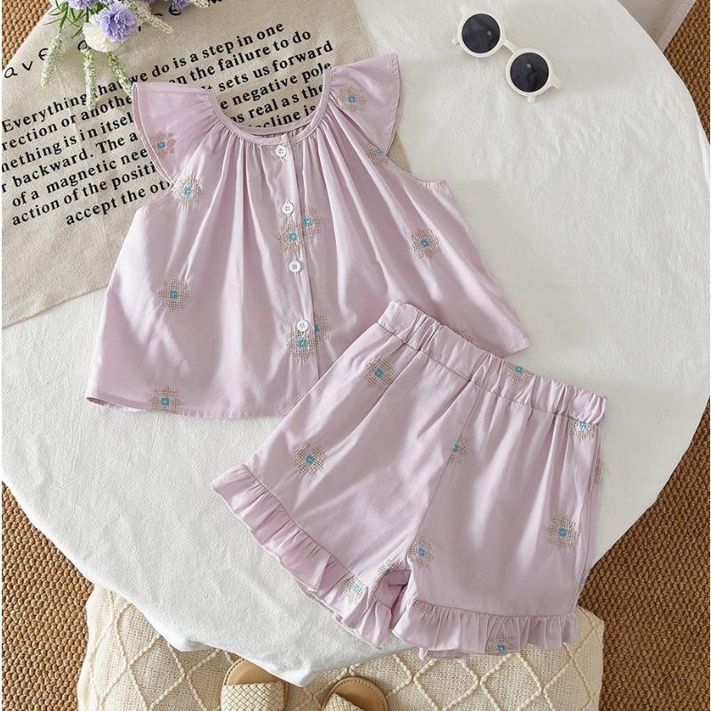 Children's Clothing Summer New Style Girls' Flying Sleeve Two-piece Set Pastoral Floral Foreign Trade Children's Suit
