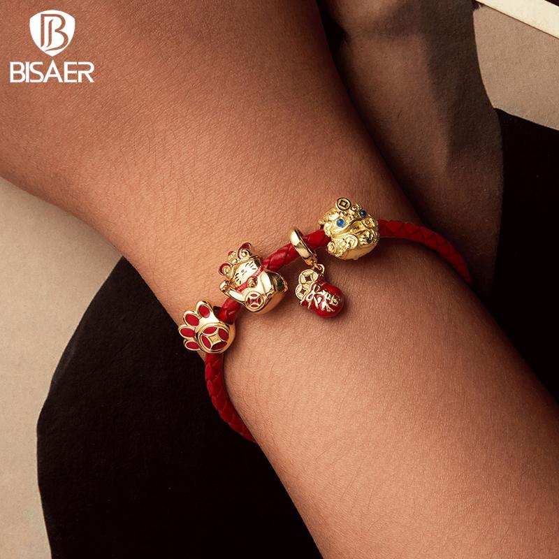 BISAER 925 Silver Lucky Koi Cat Pawprint Charm Bead Weaved Bag Pendant Plated Gold Fit Women DIY Bracelet Fine Jewelry