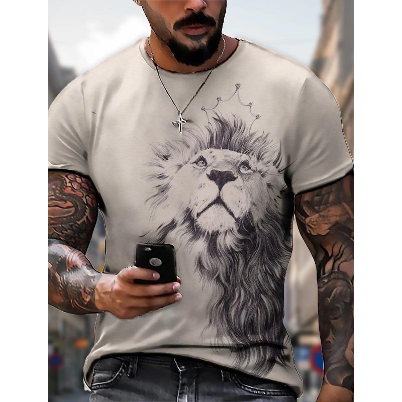 

Men s Neutral T-Shirt Lion Print Round Neck Black and White 3D Printed Outdoor Street Short Sleeve Printed Clothing Sportswear 5XL