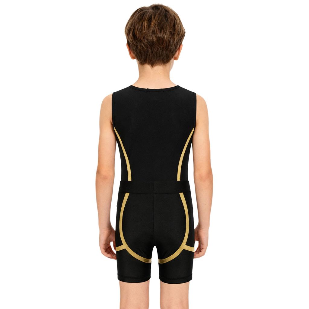 Boys Shiny Contrast Leotard Sleeveless Press Button Crotch Shorts Gymnastics Outfit