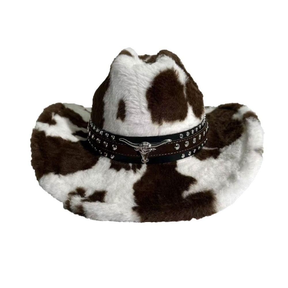 Chapeau de cowboy imprimé vache à sangle rivetée Chapeau de cowboy à large bord poilu Casquette de cowboy pelucheuse Chapeau western en peluche Saison Automne Hiver