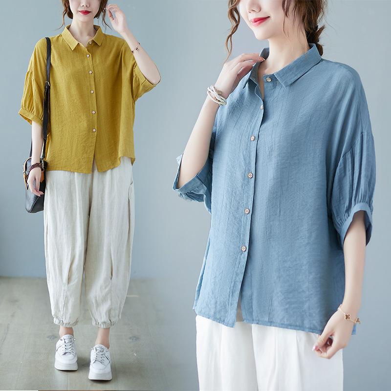 Sommar Dam Litterär Bomull Linneskjorta Plus Size Lös Enfärgad Kortärmad Toppar