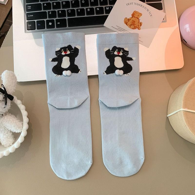 Cute Cartoon Cat 3D Pom-Pom Womens Mid-Calf Socks Cotton Comfortable Casual Teen Girls Adult Women Winter All-Season One Size синий