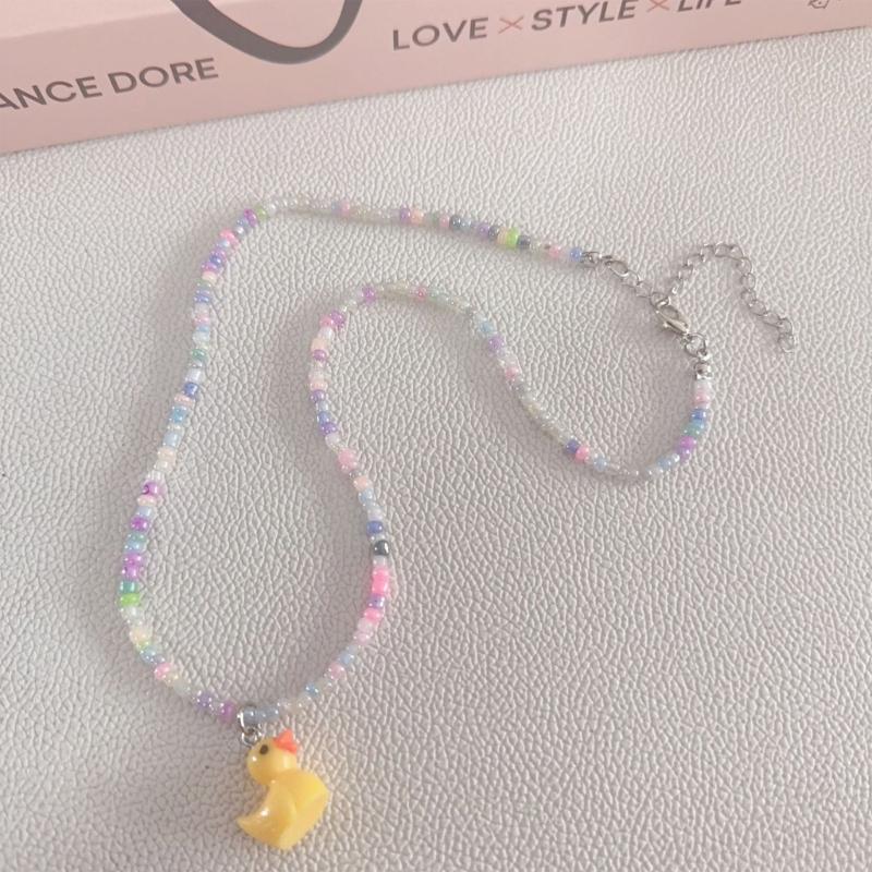 Unique Rainbow Bead Neckchains Adjustable Duck Pendant Choker Ornaments