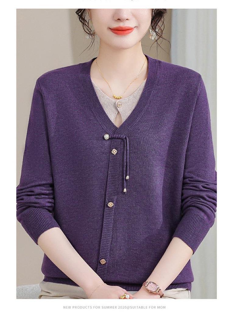 2025 Trendy Mom's Stylish Knit Cardigan: Spring/Fall Fake Two-Piece for Middle-Aged & Elderly Women