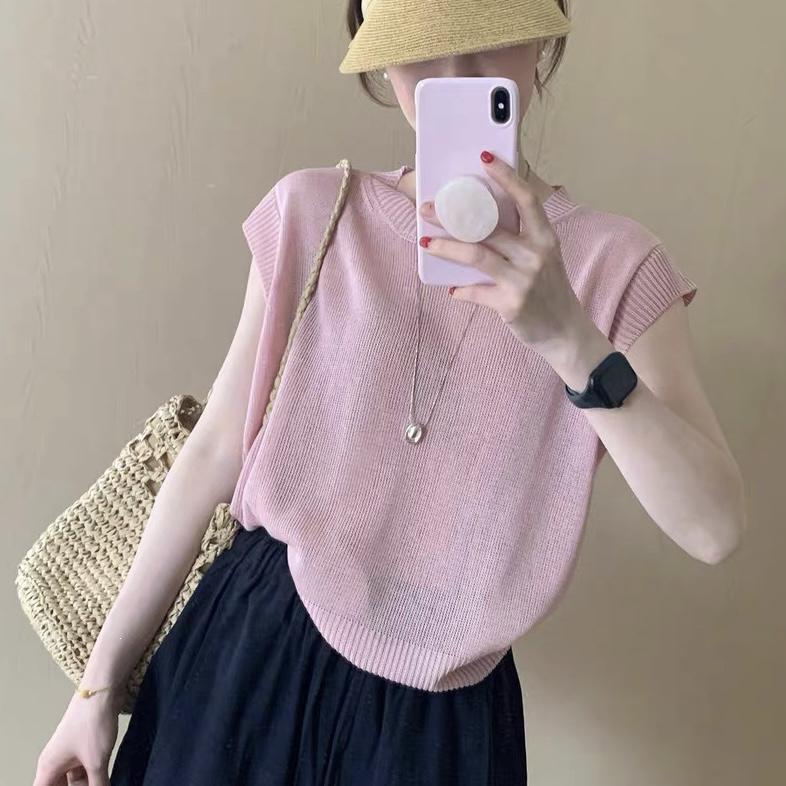 2026 Summer Orange Ice Silk Knitwear: Stylish Round Neck Short Sleeve Solid Color Top for Petite Women