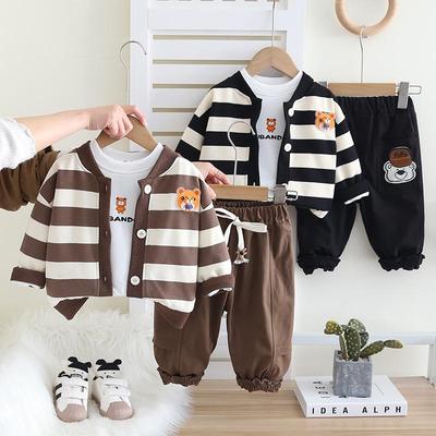 Boys' Suit Children's Long Sleeved Striped Jacket Round Neck White Cartoon  Bear Top Casual Pants Three Piece Set