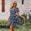 Women Chic Floral Print Loose Dress V Neck Short Sleeve Spring Autumn Fashion S-XL