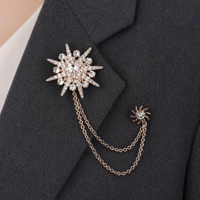 Suits Brooch Double-Layer Thin Chain Elegant with High-Gloss Rhinestones Dazzling Starburst