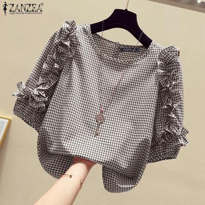 Damenmode Rundhalsausschnitt 3/4 Laternenärmel Plaid Rüschen Blusen
