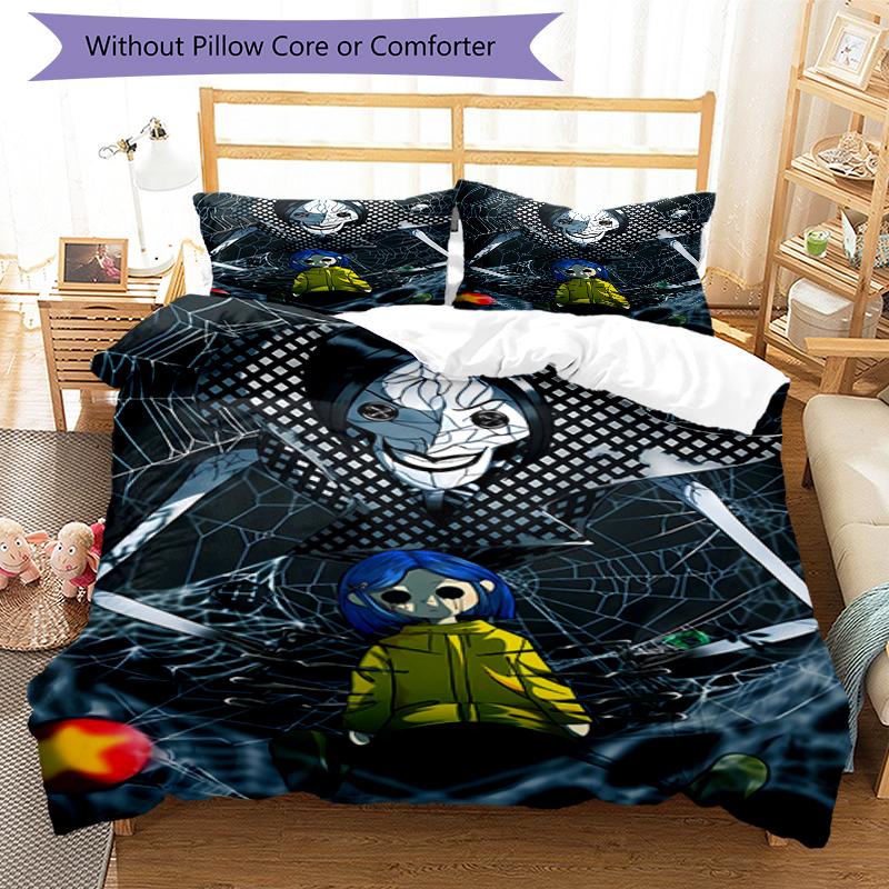 3pcs Coraline (2) Design Cover Set - HD Printed Bedding with 1 Cover and 2 Pillowcases - Perfect for Home and Dorm Decor