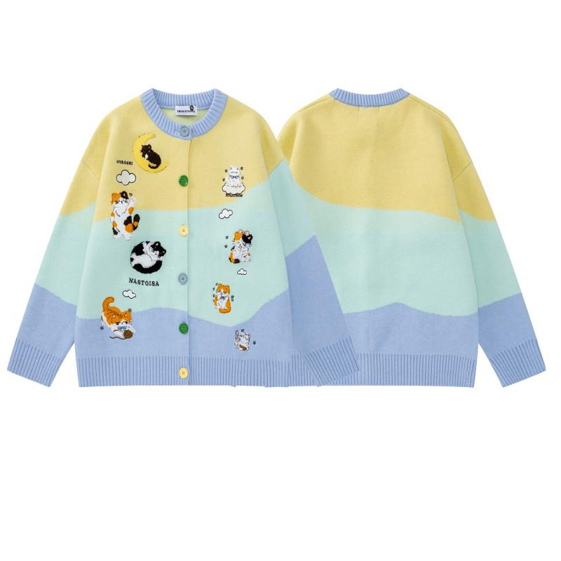 American Retro Cartoon Cat Embroidered Cardigan Loose Casual Color Block Knit Jacket Teens
