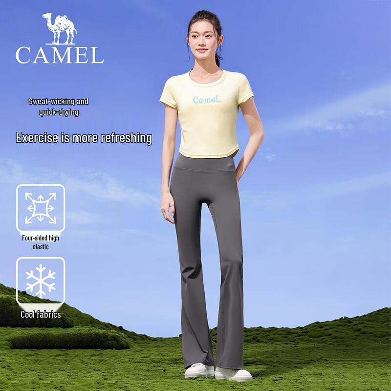 Camel Calças Fitness Femininas de Cintura Alta Micro-Flare