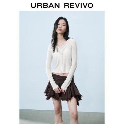 UR 2025 Spring Women's V-neck Ruffle Trim Slim Knit Cardigan