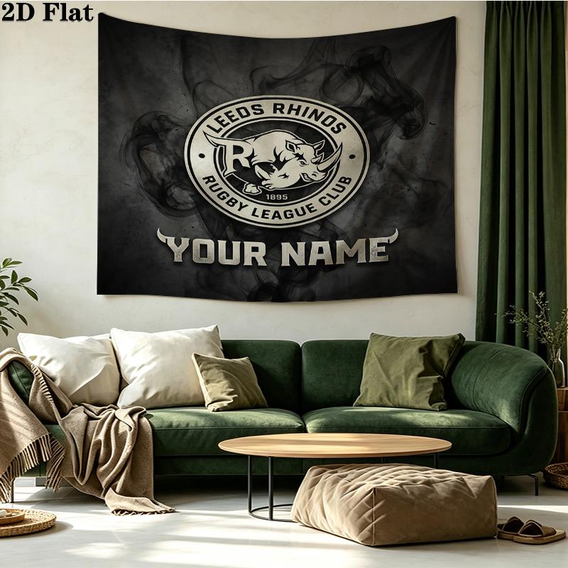 Custom Name Leeds Rhinos Printed Tapestry – Wall Hanging for Bedrooms, Dorms, and Home Decor