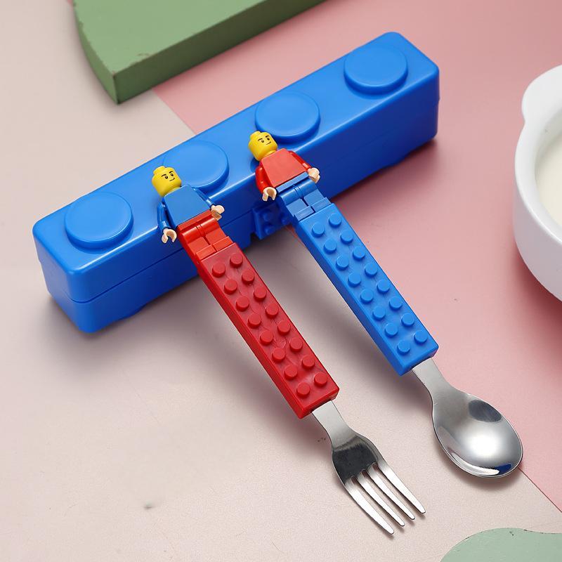 

Creative Building Blocks Stainless Steel Cutlery Set Fork and Spoon Assembled Fun Educational Portable Children’s Utensils синий