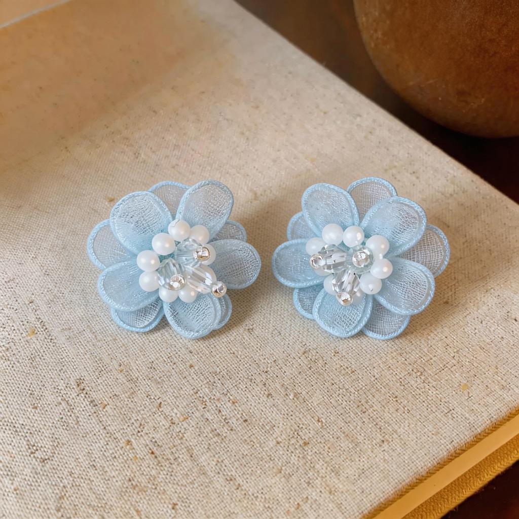New blue flower fringed earrings, fresh niche design studs, women's summer vacation earrings