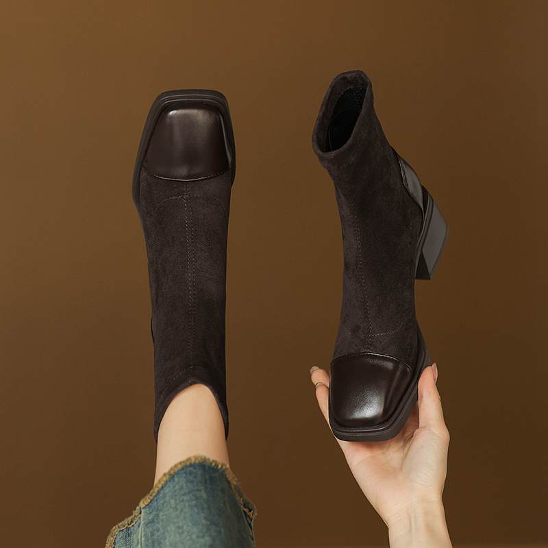 Krazing Pot Flock Winter Square Toe Modern Size 33 Boots Size 43 Zipper KPOP Style Fashion Stretch Ankle Boots