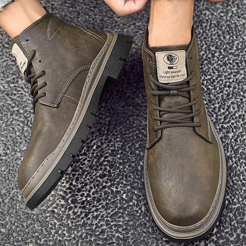 Men's Cowhide Martin Boots Large Size Soft-soled Outdoor Tooling Boots Men's Retro Velvet Warm High-top Leather Boots Men