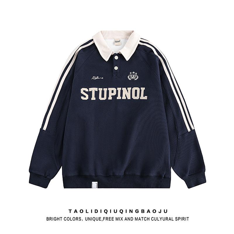 

Женский ретро оверсайз реглан поло свитшот - Тяжелый, Модный для весны и осени L (Recommended 100-125 lbs) темно-синий