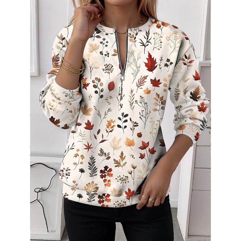 Women's Pullover Sweatshirt Zip Up Sweatshirts Floral Graphic Fashion Casual Long Sleeve Crew Neck Regular Tops Street Dailywear Zipper Print