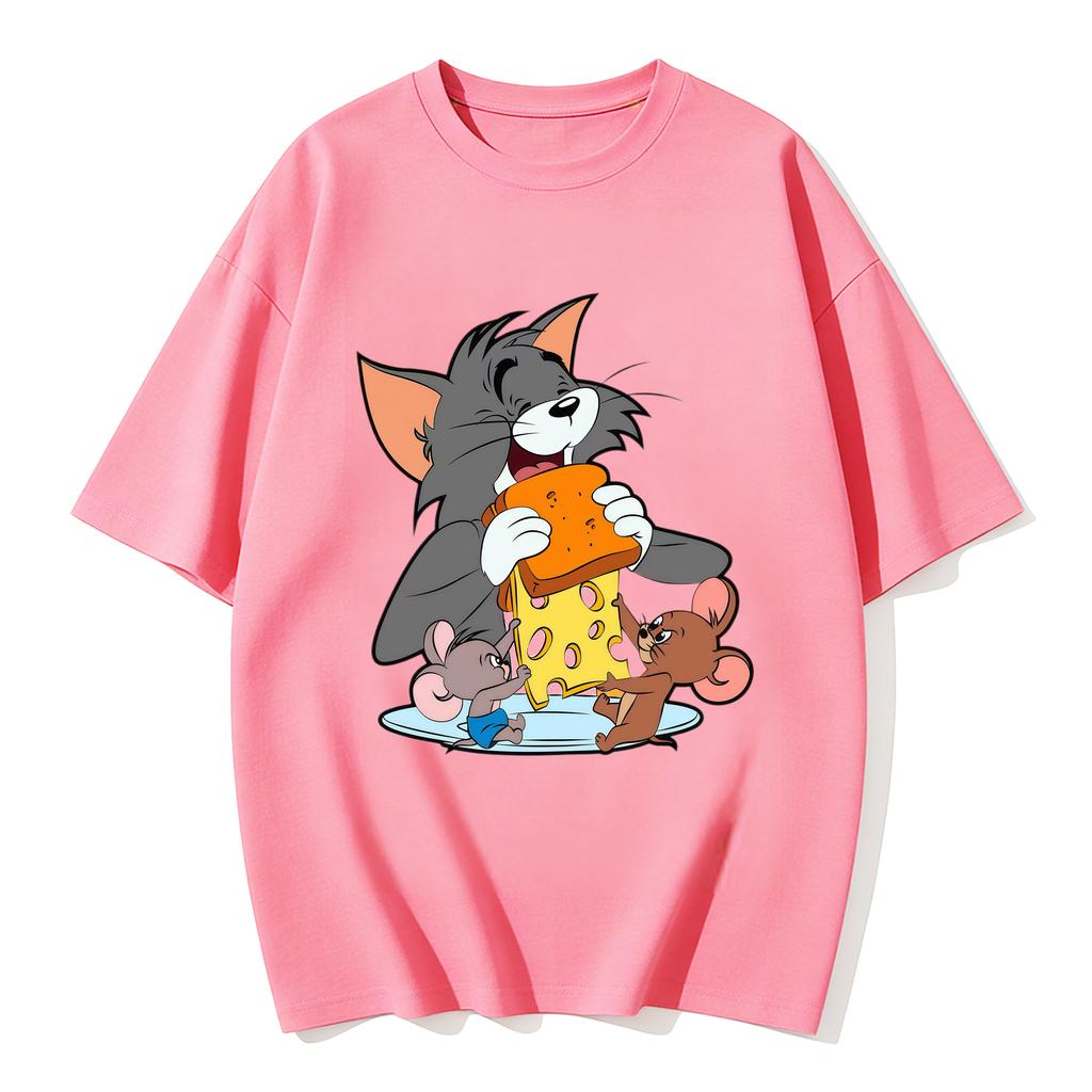2026 New Tom Jerry Print Tshirt Casual Loose Couple Family Matching Outfits Short Sleeve Cotton Tee Summer Streetwear Tops Y2k