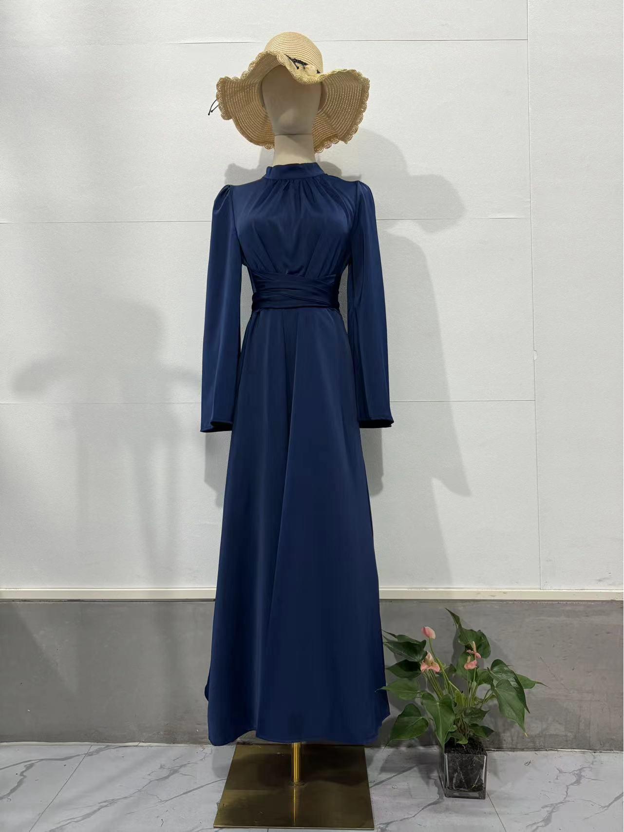 

European & American Solid Color Slimming Tie-Up Long Sleeve Maxi Dress (Spring 2025 Collection) XL