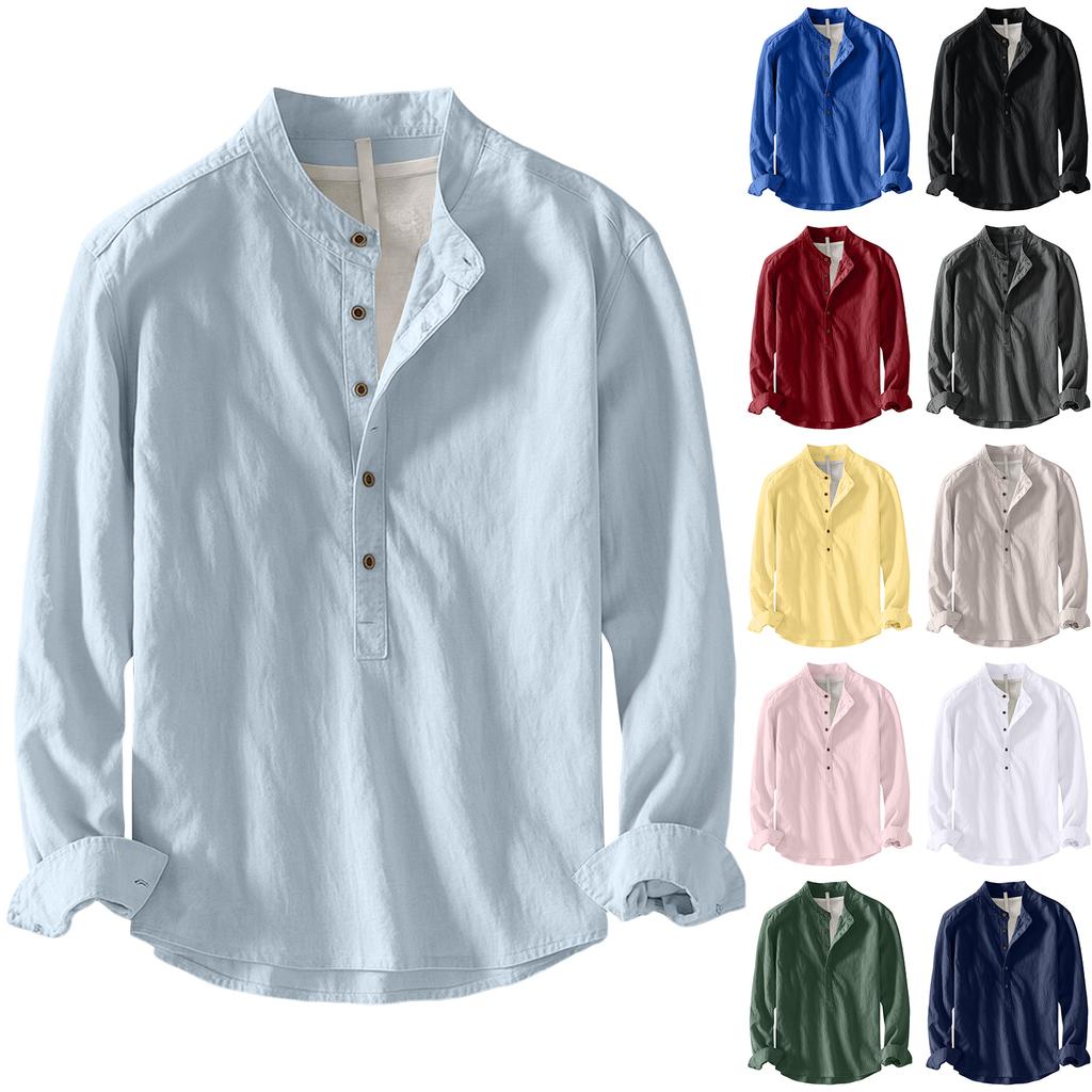 Men's Long Sleeve Slub Linen Pullover Shirt Casual Buttonless Top for Spring and Fall