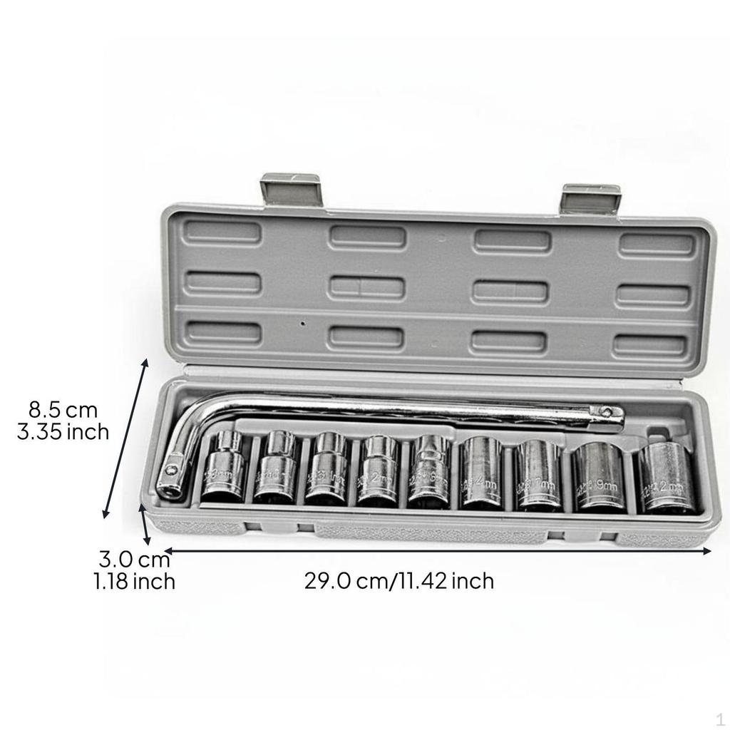 Socket Wrench Set, 10Piece, Extension Bar, Storage Case, Automotive Repair Silver 10pcs 821mm A
