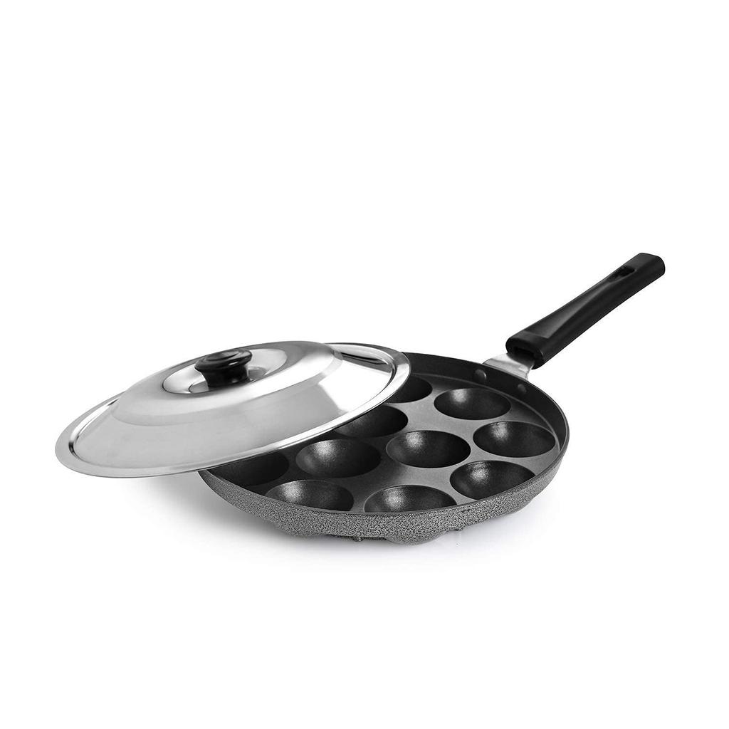 CELLO Non Stick 12 Cavity Appam Pan For Low Oil Cooking With Lid And Handle For Easy Use